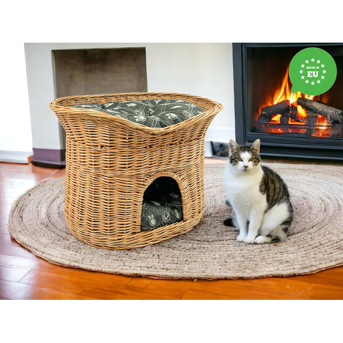 Кошик для котів XL 70 см овальний з лози, двоповерхове ліжко для котів і собак з м'якими темно-сірими подушками, натуральний колір, котяча хата для дому