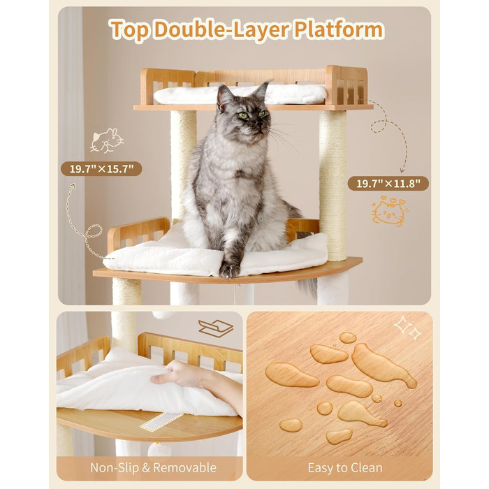 Дерев'яний котячий комплекс Heybly Kratzbaum HCT121WB: 179 см, платформа, будиночок, гамак, сизаль, стабільний, легка збірка