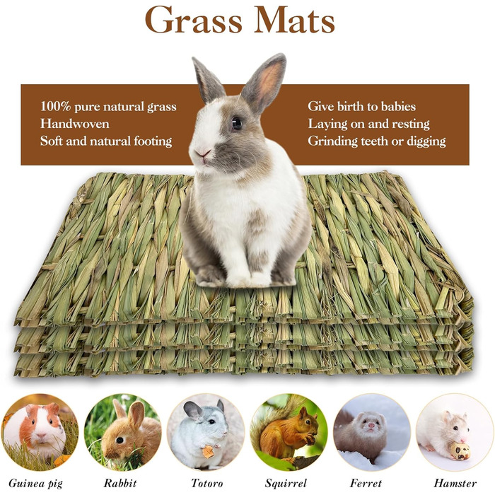 Дерев'яна драбина для кроликів та шиншил з 3 трав'яними килимками Hamiledyi, іграшка для гризунів, тунель/притулок/рампа, роздільник, килимки для кроликів, 26.4x7.9+3 шт.