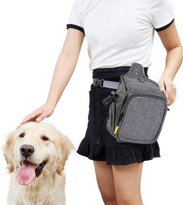 PETCUTE Сумка для тренування собак, міцна сумка для ласощів, сумка для перекусів з диспенсером для відходів, сумка для ласощів з регульованим плечовим ременем, поясний ремінь та кліпса (світло-сіра)