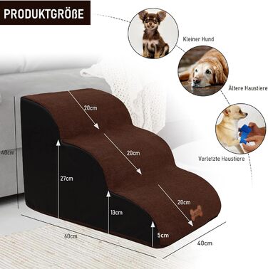 Сходинки для собак Caliyo, 3 сходинки, для маленьких собак та котів, 40 см, знімний чохол, неслизьке дно (60×40×40 см)