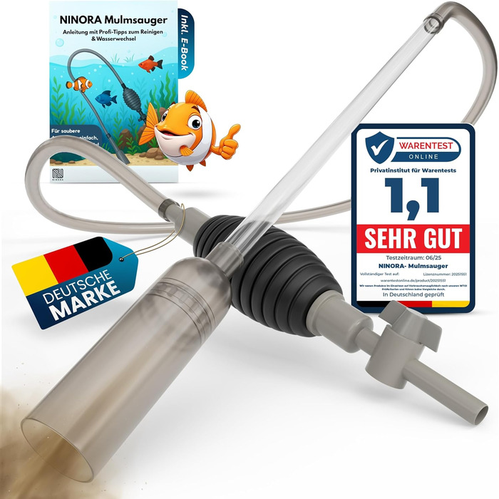 Нінора® Мульмсмукач для акваріума – очищувач ґрунту, заміна води з насосом та шланговим клапаном | Безпечний для риб, без хімії | Для малих та великих акваріумів | Аксесуари для акваріума з електронною книгою