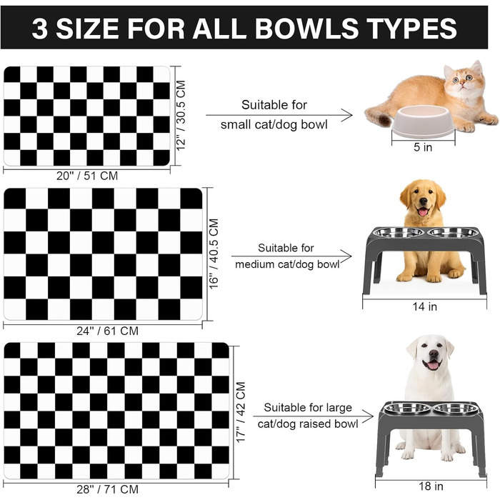 Килимок для котячого/собачого корму BLESWIN - 51x30,5 см, чорно-білий, антиковзаючий, для мисок