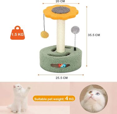 ALLSOPETS Котячий дряпак-когтеточка з сизалем, ігровий комплекс з тунелем і підвішеною іграшкою для маленьких котів, жовтий