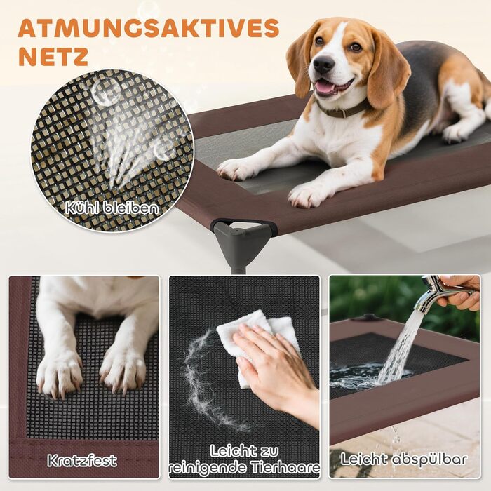 Лежанка для собак PawHut Outdoor з дахом, підняте ліжко для середніх собак, ліжко для домашніх тварин з охолоджуючим ефектом, сталевий каркас з сіткою, переносна сумка, ліжко для собак на вулицю, кемпінг 76x61x71см, (76x61x71см, Кофе)