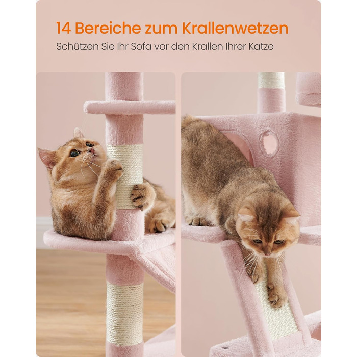 Когтеточка для котів Feandrea, 168 см, велика, з 13 когтеточковими стовпами, 2 платформами, 2 будиночками, гамаком, м'ячиками, PCT165W01, пастельно-рожевий