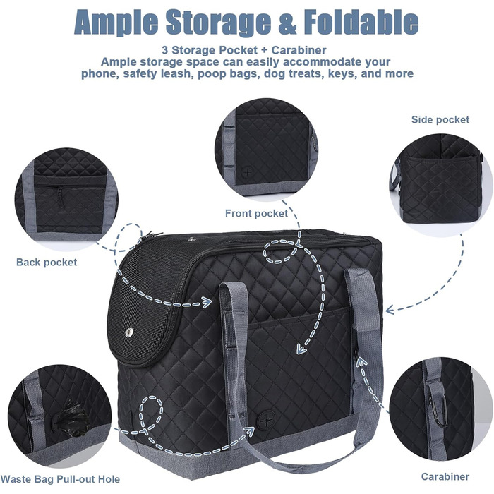 Сумка-переноска для собак та котів, чорна, дихаюча, з кишенями, для маленьких собак, цуценят, кроликів, миючий матеріал