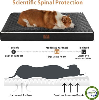 Ортопедичне собаче ліжко WNPETHOME XL, водонепроникне, велике, знімний, пральний чохол та антиковзаюча основа. Матрац з пінопласту у формі яєчних коробок. Розміри: 104x69x10 см (Чорний)
