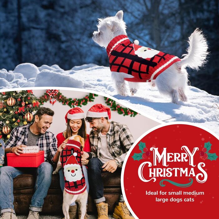 Теплий різдвяний светр для собак з отвором для язика, червоний в клітинку, олень, костюм для собак, підходить для малих, середніх та великих собак, котів, теплий осінньо-зимовий одяг, цуценят, одяг для собак, преміум якість, червоний в клітинку, олень (XX