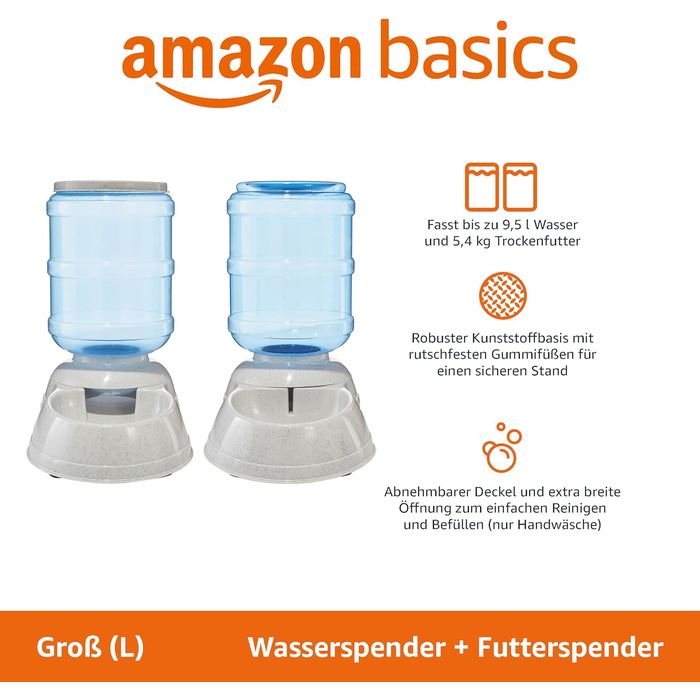 Автоматична кормушка та поїлка для собак Amazon Basics, 9.5 л, розмір L, біла, прозора