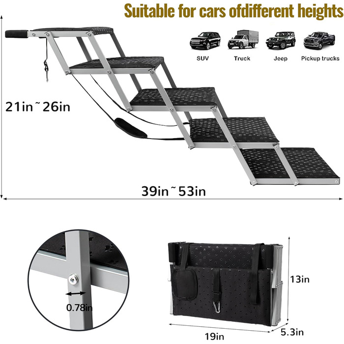 Сходинка для собак у машину – широка, складна, з антиковзким покриттям, для авто, SUV, вантажівок, витримує до 113 кг, 5 сходинок, срібна