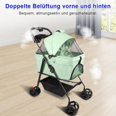 Візок для собак і котів OHMG, розкладний, до 20 кг, з гальмами, великий кошик, 3 вікна, тримач для напоїв, зелений (50 x 65 x 99 см)