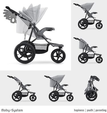 Дитяча коляска-трансформер Moby-System Runner Mountain з дощиковим захистом, до 15 кг, комплект аксесуарів: ремінь безпеки, відбивачі, оглядове вікно та кошик для речей (сіра)
