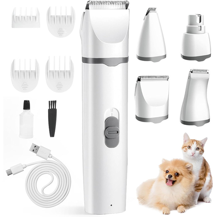 Airminti 4в1 Безшумна машинка для стрижки шерсті котів та собак, USB, 4 змінні насадки, для очей/вух/лап/нігтів (сіра)