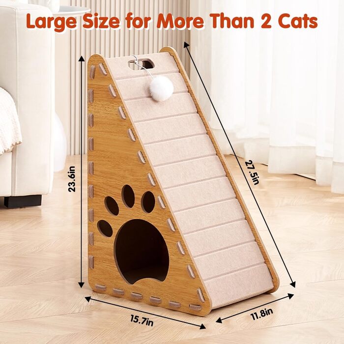 Кігтеточка для котів 3-в-1: дерев'яно-фетрова стінка, ліжко, пандус та іграшки, коричнева