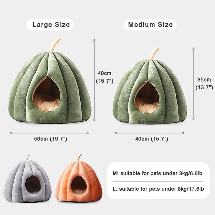 Кішка ліжко для дому, ліжко-печера для котів у стилі гарбуза, будиночок для тварин з знімним подушкою, м'яке напівзакрите ліжко у формі гарбуза для котів середніх розмірів, зелене