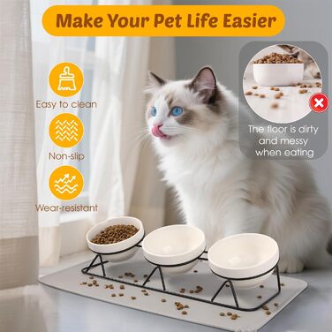Набір мисок для котів Vikcvcs (3 шт.) з підставкою, кераміка, силікон, 15° нахил, ергономічні, для котів та маленьких собак