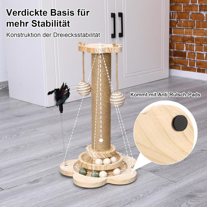 Котячий когтетоп Newofview: когтетоп-стійка 40 см з іграшками, м'ячиком, обертовим диском, пір'ям та мотузкою з сизалю