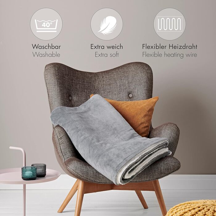 Електрична гріюча ковдра Promed з автовимкненням, 180x130 см, 10 температурних режимів, для шиї, плечей та спини (сіра/біла)