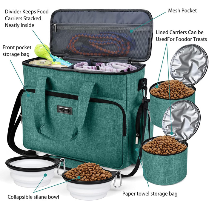 Чемодан для собак Vioett (L, Зелений) з набором аксесуарів для подорожей