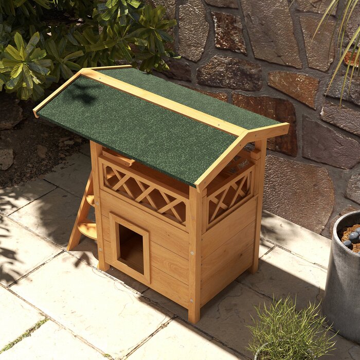 PawHut Cat House 2-поверховий з асфальтовим дахом і балконом, вілла для кішок з масиву дерева зі сходами, натуральна, 77x50x73см| Аосом