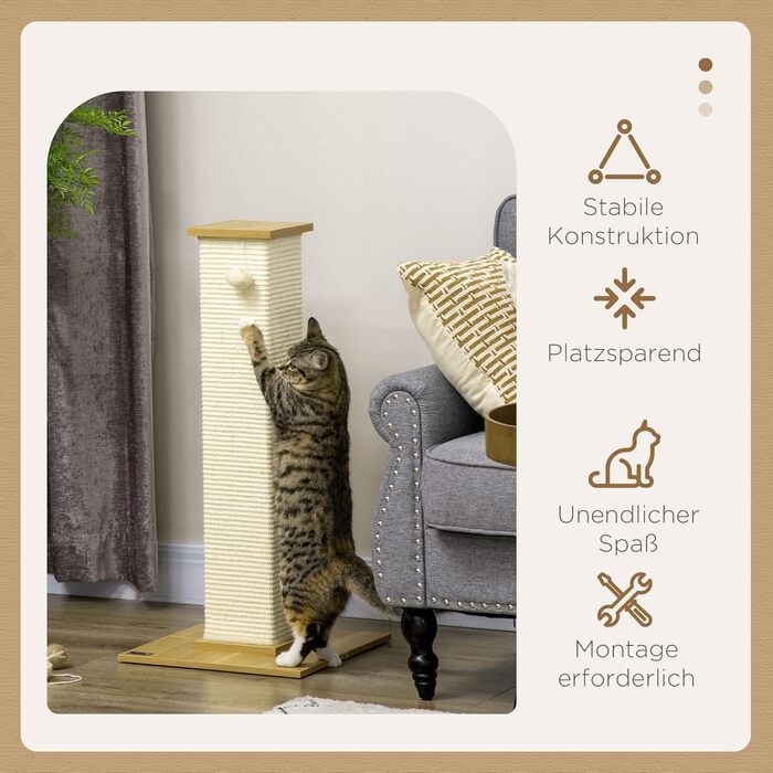 Когтеточка для котів PawHut, 80 см, стовпчик із сизалю з іграшкою, кремово-біла, дуб, меблі для котів