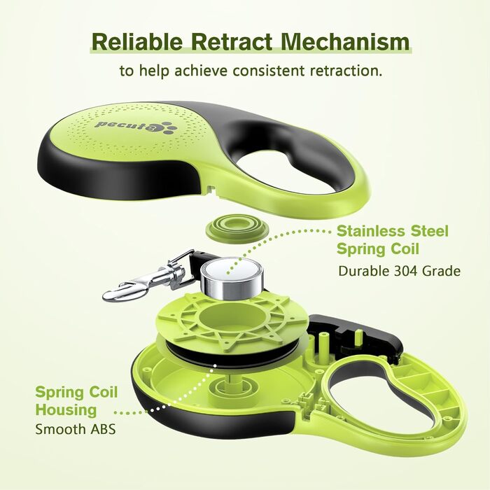 Рулетка для собак Pecute 8м, 50 кг, зелена - безперешкодна, з антиковзним грифом