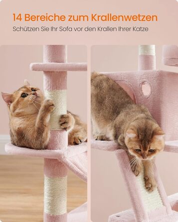 Когтеточка для котів Feandrea, 168 см, велика, з 13 когтеточковими стовпами, 2 платформами, 2 будиночками, гамаком, м'ячиками, PCT165W01, пастельно-рожевий