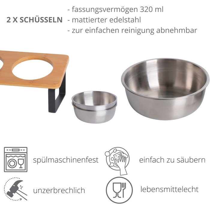 Підвищена годівниця для котів, ергономічна миска для котів, годівниця з кераміки та дерева, піднята годівниця для котів та маленьких собак (Noir - нержавіюча сталь)