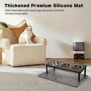 Підвищена годівниця для котів з килимком, нахилена під кутом 15°, миска для їжі та води, що запобігає блювоті, 2 шт. з нержавіючої сталі для котів та цуценят (Сірий) Сірий-2 миски (Чорний-3 миски)