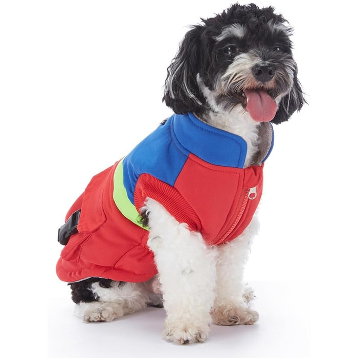 Тепла водовідштовхувальна куртка для собак маленьких та середніх порід. Зігріваючий зимовий одяг для собак з отвором для повідка та кишенями, світловідбиваюча (червоний, синій, S)