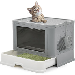 YITAHOME туалет для котів з кришкою, великий лоток для котів Hop In, без запаху, з совком для наповнювача, легке очищення, сірий