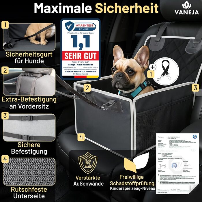 Автокрісло для собак VANEJA: безпечне та зручне автокрісло для маленьких собак, чорного кольору, з водонепроникним кошиком та фіксаторами, TÜV-сертифіковане