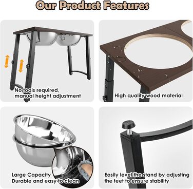 Підвищені годівниці для собак великих та екстра-великих порід, з нековзною підстилкою, об'єм 3000 мл (2 шт.), стабільна годівниця висотою 46 см, коричневого кольору.