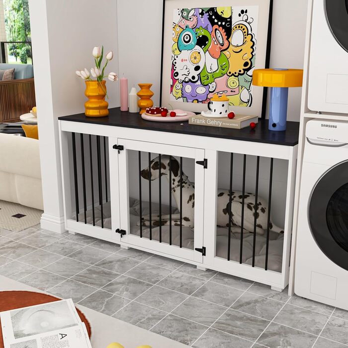 Будка для собак для дому – дерев'яно-металевий вольєр для маленьких собак, меблевого стилю з дверцятами, вантажопідйомність до 50 кг, 136 x 56 x 70 см – сучасний дизайн для дому