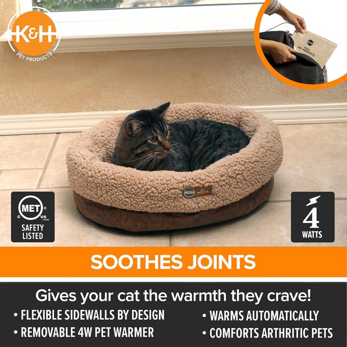 K&H PET PRODUCTS Термо-лежак для котів і малих собак, круглий, з підігрівом, для дому, велике тепле ліжко для котів