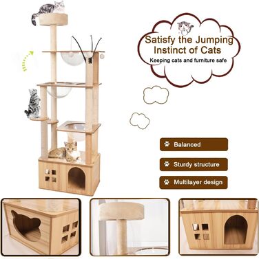 Великий котячий комплекс з подряпуванням, 173 см, XXL, 13 стовпчиків, 5 платформ, 3 космічні кораблі, 1 печера, 3 плюшеві кульки, 1 плюшева платформа для стрибків, багатошарові стовпчики, космічна капсула