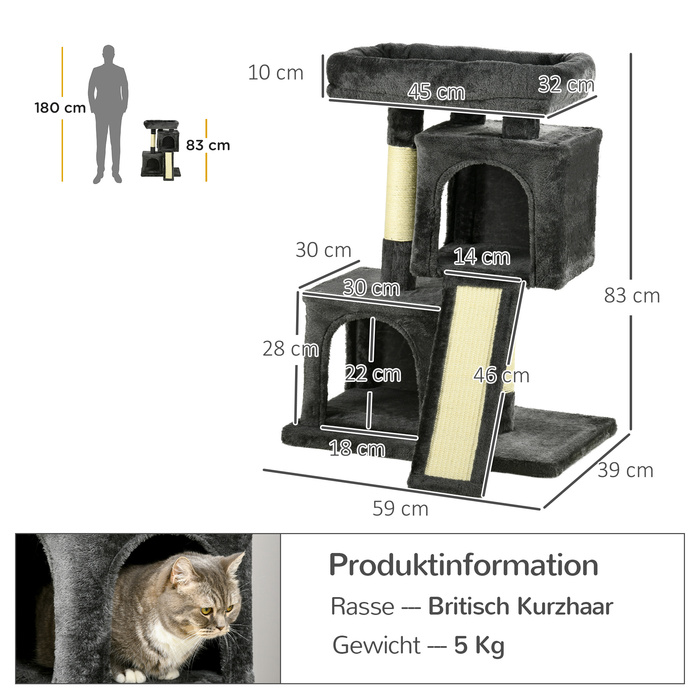 PawHut Sisal Cat Tree до 30 кг Cat Tree з кігтеточкою Sisal Column Плюшевий темно-сірий для активних кішок