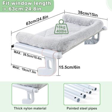 Підвісна гамак для котів Sunhoo, лежанка на підвіконні, стійка для великих котів, лежанка для дому, для кошенят, балкон, легка установка, без свердління, міцна, без присосок, до 18 кг, сірий колір, розмір L