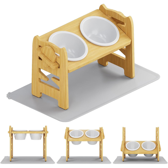 Підвищена годівниця для собак з підставкою, регульована висота, годівниця для маленьких собак та котів, міцна годівниця з бамбука з 2 керамічними мисками та килимком для тварин
