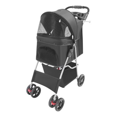 Ківш для собак та котів 2в1, розкладний, до 15 кг, чорний. З відкидним дахом, коліщата, відкидний кошик, сітчасті вікна, тримач для напоїв. Підходить для собак та котів до 16 дюймів.