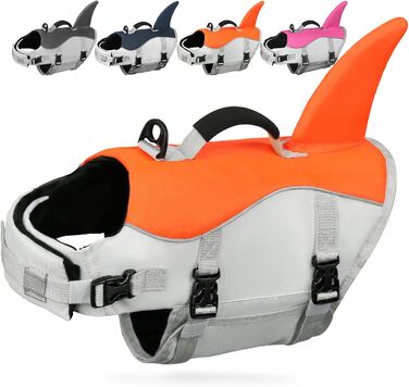 AMZNOVA Жилет для плавання собак Shark, жилет з ластами та плавником акули, рятувальний жилет для собак, для катання на човні, допомога у плаванні, легкий, L, (XL: 79-97 см (обхват грудей), яскраво-помаранчевий)