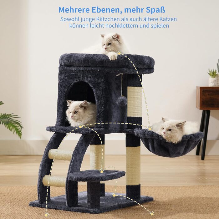 Кігтеточка для котів Heybly HCT009SM сірого кольору, 75 см, з платформою, печерою, гамаком та драбиною