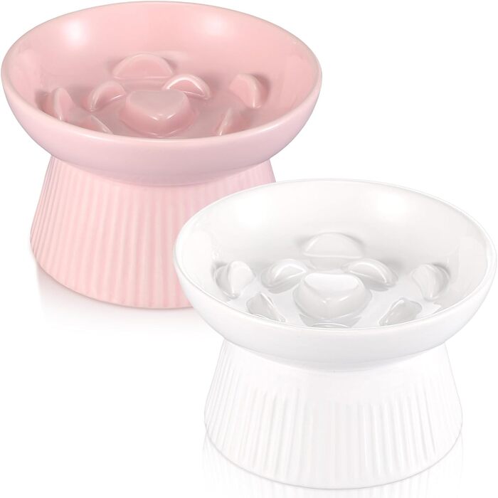Підвищені миски для котів Layhit з кераміки, проти блювоти, повільне годування, для сухого та вологого корму, кошенята, 2 шт. (рожевий / білий)