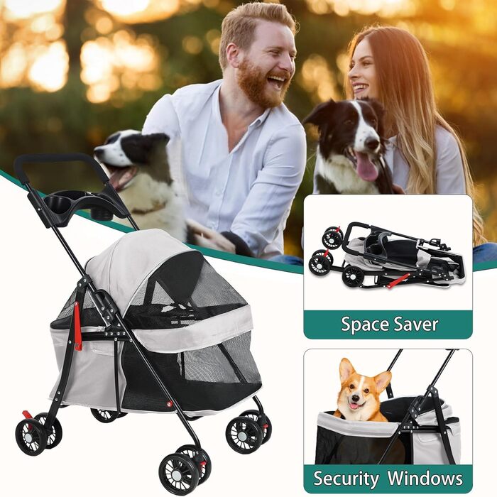 Візок для тварин 4 колеса для собак та котів, складний, з тримачем для напоїв, сітчастим вікном, сірий