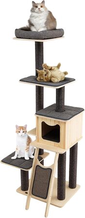 Дерев'яний котячий комплекс COSTWAY, 175 см, з будиночком, сизалевими стовпчиками, платформами та дряпалкою, 6-ярусний, сірий+бежевий