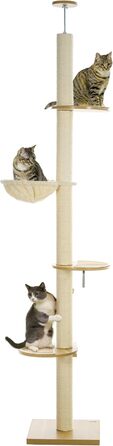 Котячий дряпак PawHut, стельовий, 230-250 см, з гамаком, регульована висота, захист від перекидання, плюш, дуб/кремовий колір