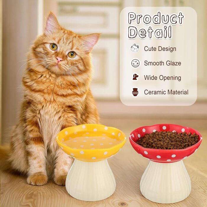 Підвищений годівниця для котів Teenyyou з кераміки, 2 шт. - для котів з вусами, широка миска для корму та води