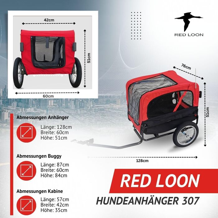 Фаркоп для собак Red Loon Mini - вело- та біговий причіп для собак, легкий переобладнання, світловідбивачі, комплект для бігу, червоний/чорний, вантажопідйомність до 20 кг