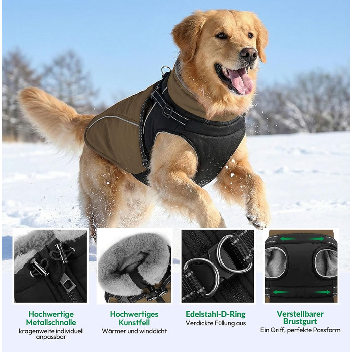 Зимовий теплий одяг для собак - куртка для маленьких собак, водонепроникна, світловідбиваюча, для активного відпочинку, S (обхват грудей 44 см), Колір: Коричневий